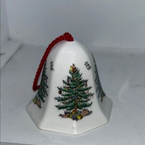 Spode White Bell Ornament with Christmas Tree and Red Cord